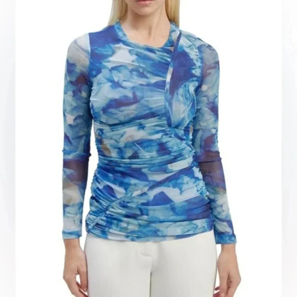 Bardot Women's Blue Cadence Ruched Tie Dye Mesh Top